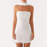 BXOXO Fashion Women Summer Sequin Mini Bandeau Dress Sleeveless Off Shoulder Flower Embroidery Tube Top Dress with Scarf